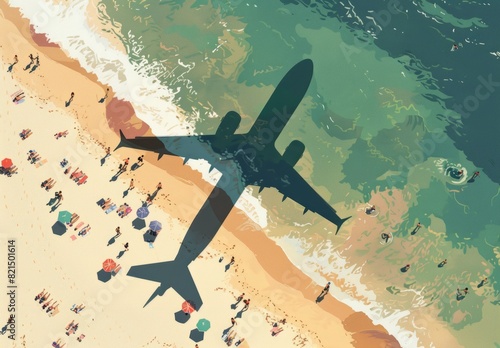 Dynamic Aerial View of a Plane Soaring Over a Crowded Beach