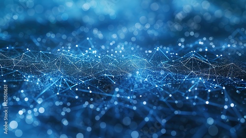 Abstract blue technology background featuring a cyber network grid with connected particles. Artificial neurons and global data connections.