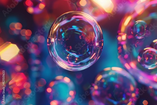 Assortment of floating, rainbow-hued bubbles. Playful, magical background concept © Irfanan