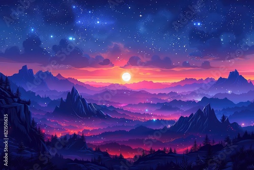 Starry night above Karst Landscape flat design top view clear skies theme animation Tetradic color scheme © NeeArtwork