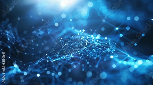 Abstract blue technology background featuring a cyber network grid with connected particles. Artificial neurons and global data connections.