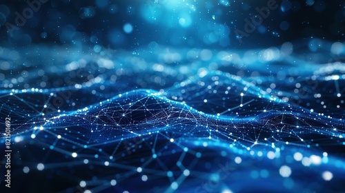 Abstract blue technology background featuring a cyber network grid with connected particles. Artificial neurons and global data connections.