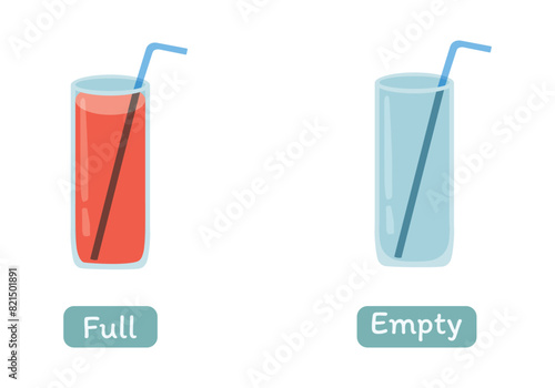 Opposite words antonym full and empty illustration of glass of juice drink