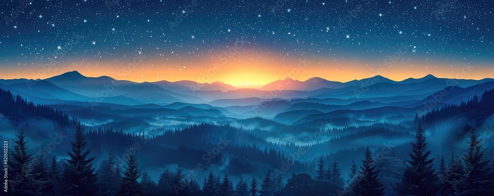 Starry night over Moorland flat design top view night sky wonder theme animation Tetradic color scheme Starry night over Moorland flat design top view night sky wonder theme animation Tetradic color scheme