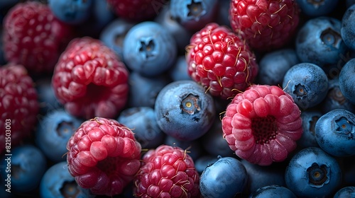 a pile of blueberries and raspberries with red berries