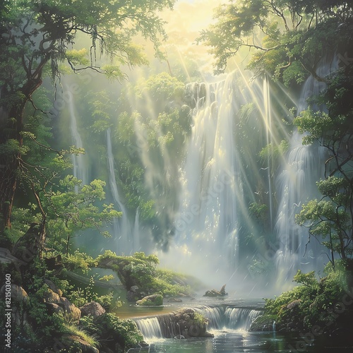 A tranquil waterfall cascading into a lush forest stream  surrounded by green foliage and bathed in soft sunlight  creating a serene scene.