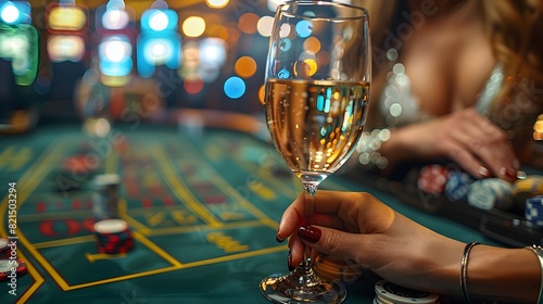 a woman is holding a glass of wine with blurry background of roullete