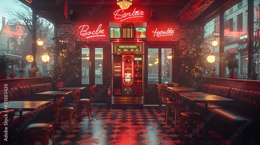 a wide shot of restaurant with a classic juke box in the middle of it.