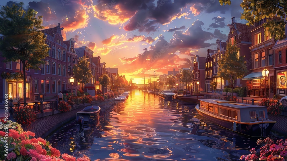 Breathtaking sunset over a serene canal lined with charming buildings and boats, creating a picturesque and peaceful cityscape.