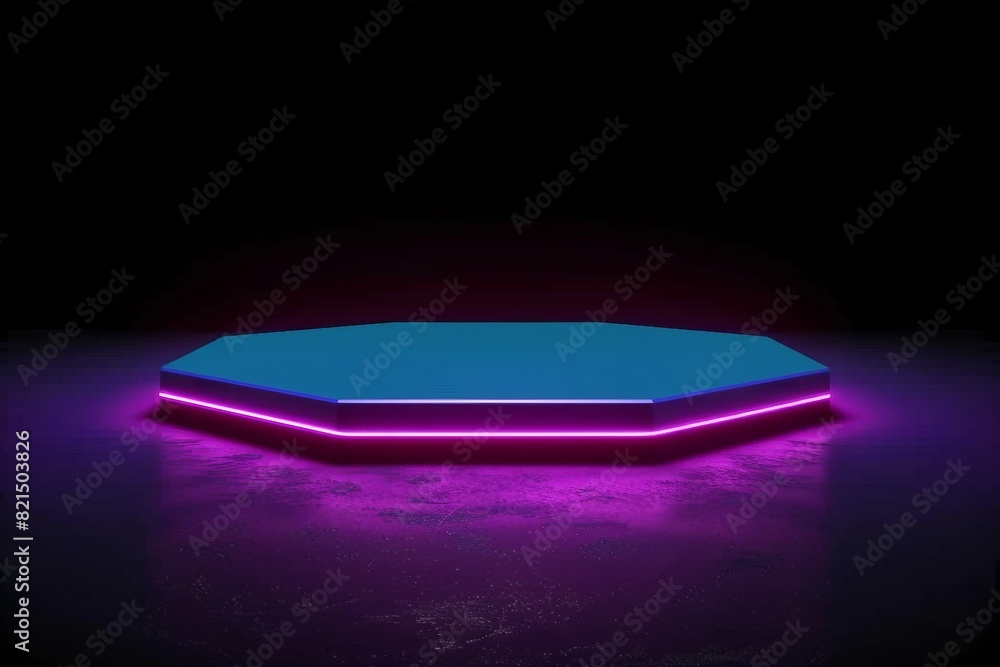 Exhibition hexagon base podium. Platform, product pedestal. 3d render illustration. Blue violet Led Neon light. Technological background. Neon pink glowing on dark background. generative ai. Exhibition hexagon base podium. Platform, product pedestal. 3d render illustration. Blue violet Led Neon light. Technological background. Neon pink glowing on dark background. generative ai.