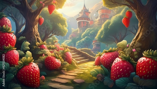 View of the garden and strawberry trees and it looks like there is a palace behind it, a cartoon-style fantasy world view. wallpapers and backgrounds, illustrations.