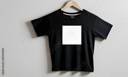 Black t-shirt with white square design hangs against a grey background. Fashion branding and textile design showcases mockup. AI Illustration.