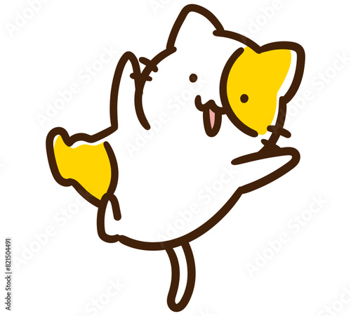 体を宙に浮かせて飛び跳ねるかわいいねこのキャラクターのデフォルメイラスト