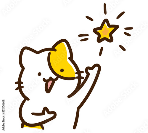 空の星を崇めるポーズをするかわいいねこのキャラクターのコミカルなイラスト