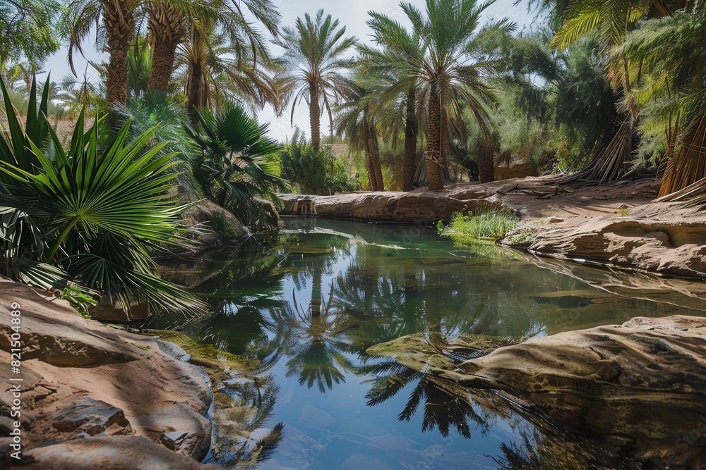 Scenic oasis with clear water, surrounded by lush palm trees and greenery, offering a tranquil natural retreat. Scenic oasis with clear water, surrounded by lush palm trees and greenery, offering a tranquil natural retreat.