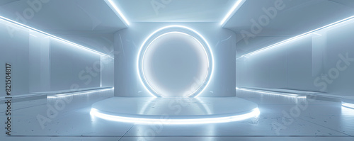 Futuristic circular gateway in a modern hallway