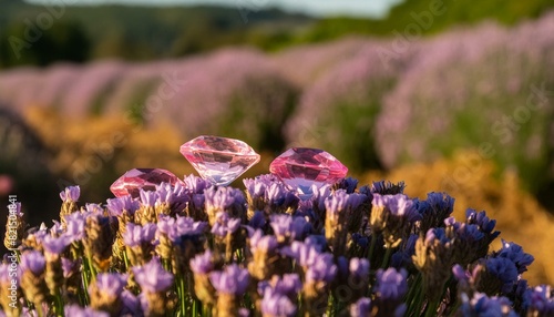 A few pink diamonds atop a mound of purple blooms in a field of similar flowers photo