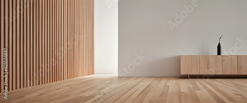 Contemporary room with wooden paneling and greenery, home decor and minimalism concepts, AI Illustration.