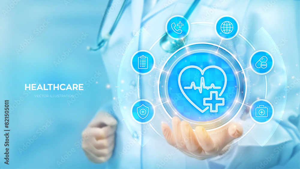 Healthcare, Medical services. Doctor holding in hand heart shape and medical icon network connection on virtual screen. Health care, Medicine technology network concept. Vector illustration. Healthcare, Medical services. Doctor holding in hand heart shape and medical icon network connection on virtual screen. Health care, Medicine technology network concept. Vector illustration.