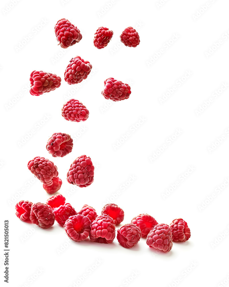 A ripe, juicy raspberry falling on a white background, perfect for food photography or promoting healthy eating. A ripe, juicy raspberry falling on a white background, perfect for food photography or promoting healthy eating.