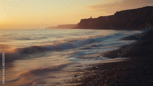 Serene sunset over calm ocean waves with cliffs in the distance, creating a peaceful and picturesque coastal landscape. photo