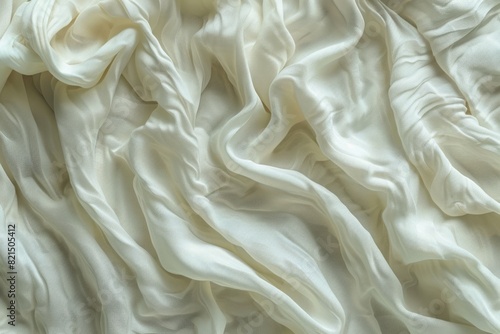 Macro shot emphasizing the graceful, rhythmic folds and creases in a sheer, white fabric. Fluid, minimalist textile concept