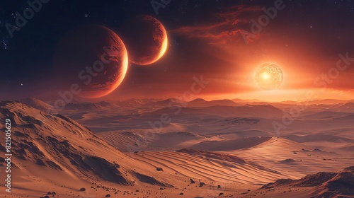 A desert exoplanet with massive sand dunes and twin suns setting on the horizon 