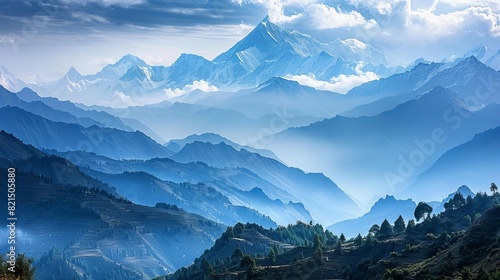 A dramatic landscape formed by tectonic plate activity, such as the Himalayas,