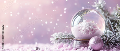 Winter scene with a snow globe and Christmas decorations, featuring soft pastel colors and snow-covered pine branches.