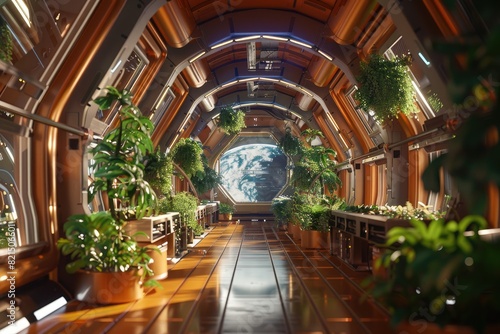 High-tech corridor of the space station with plants interspersed along the aisles