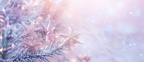 Elegant winter background with frosted pine branches, delicate pastel colors, and a magical, festive atmosphere perfect for holiday and seasonal designs. © nattapon98