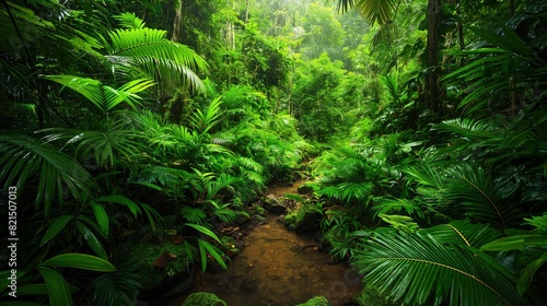 A lush tropical rainforest with a small stream running through it  vibrant green foliage everywhere. 