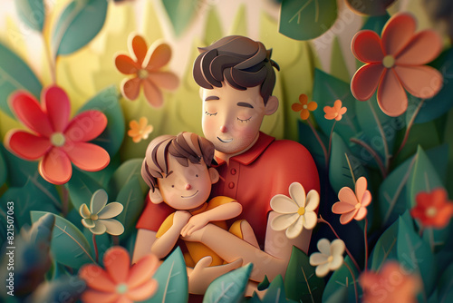 Happy Fathers Day, Cartoon A father holding his son