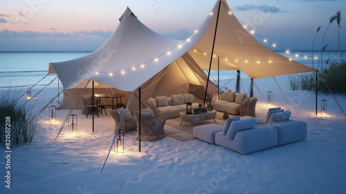 A luxurious beachside glamping tent set on white sands, featuring elegant canvas fabric and chic outdoor furniture under a string of soft lights. photo