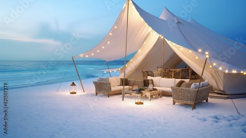 A luxurious beachside glamping tent set on white sands, featuring elegant canvas fabric and chic outdoor furniture under a string of soft lights.