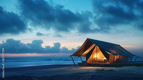 A luxurious beachside glamping tent at dawn, the interior glowing warmly against the cool blue of the early morning sky and the peaceful ocean waves providing a soothing soundtrack.