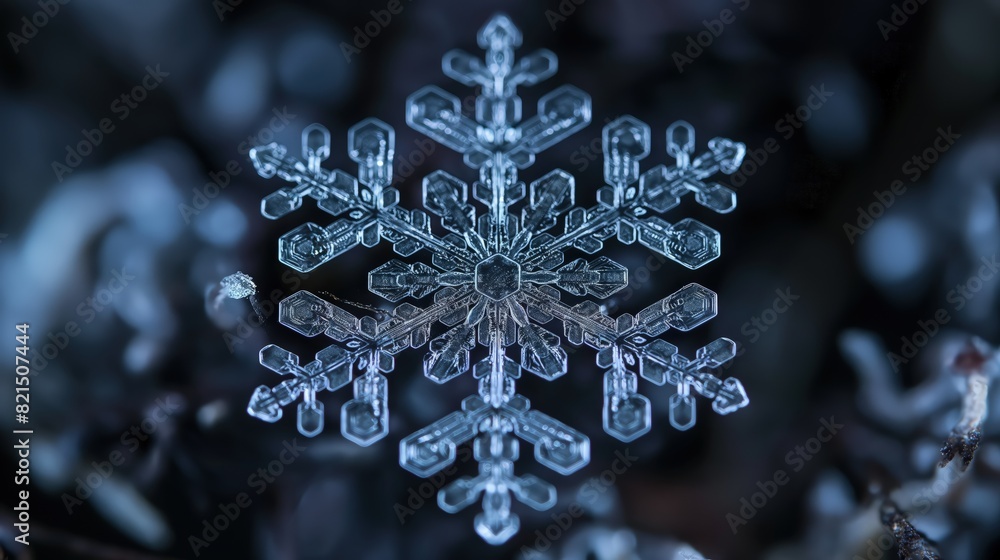 A macro shot of a snowflake, perfectly symmetrical, with intricate details against a dark, blurred background. A macro shot of a snowflake, perfectly symmetrical, with intricate details against a dark, blurred background.