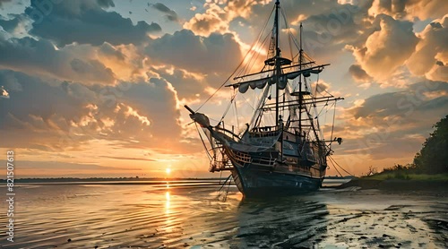 pirate ship on the beach. Ancient pirate ship in the sea at sunset photo