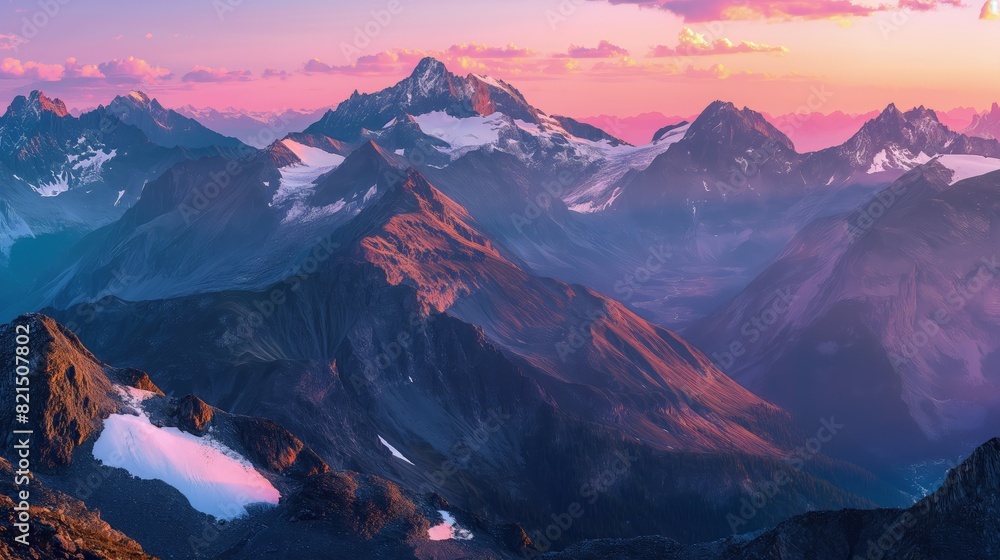 Obraz premium A majestic view of a mountain range with snow-capped peaks and a colorful alpenglow at sunrise. 