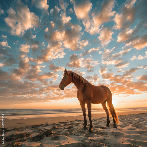 A brown horse standing on a sandy beach under a cloudy blue and orange sky with a sunset.