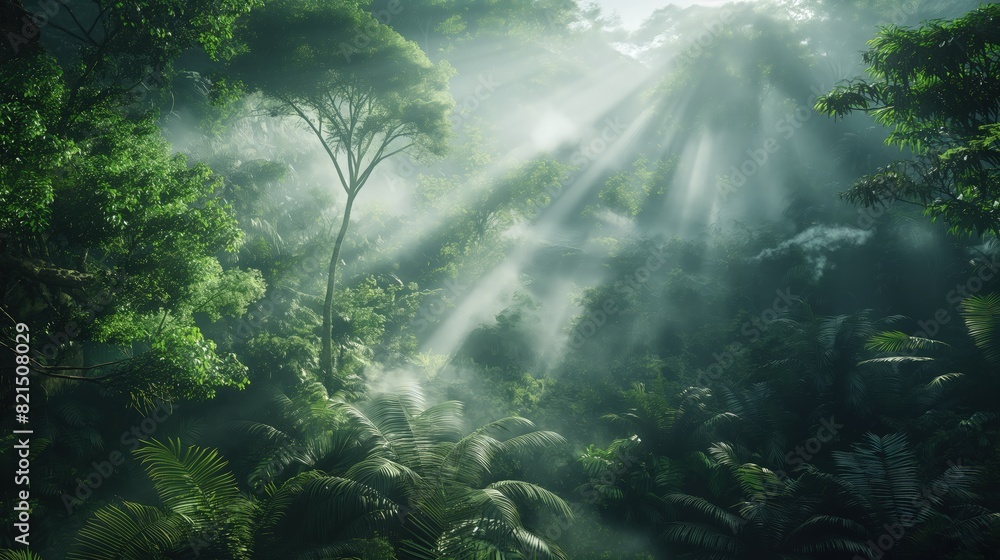 A misty morning in a dense forest, with sunbeams filtering through the trees creating a mystical atmosphere. A misty morning in a dense forest, with sunbeams filtering through the trees creating a mystical atmosphere.