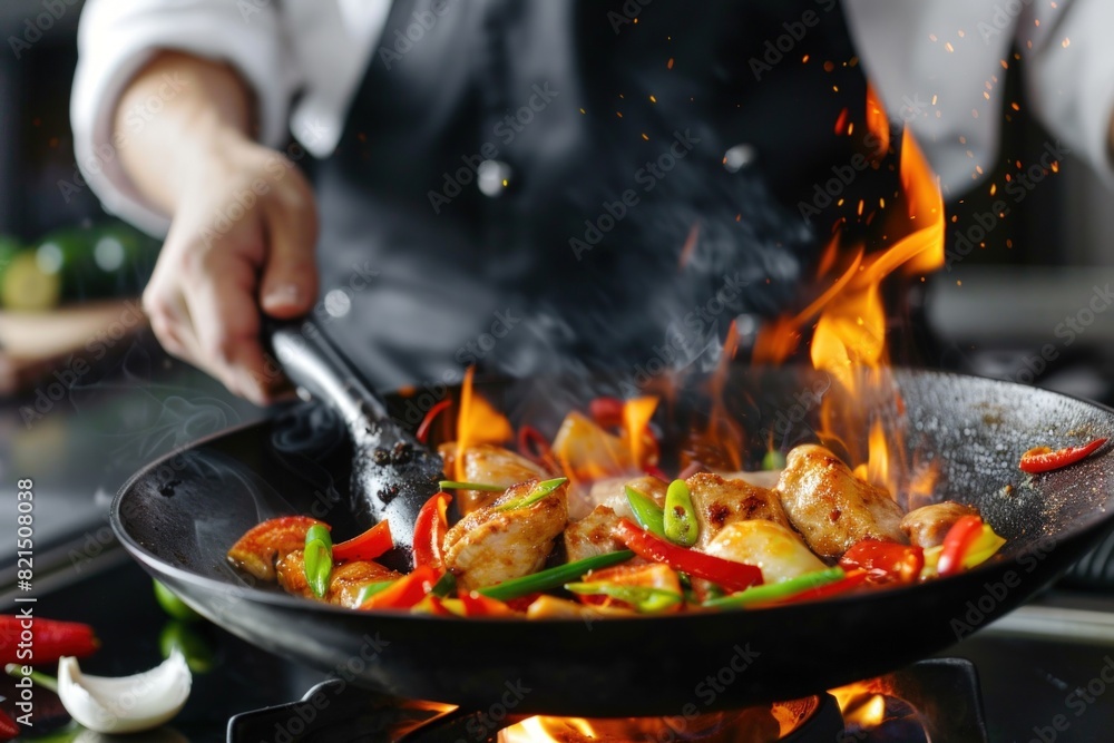 Closeup of chef cooking chicken in wok with fire and vegetables on kitchen background. Closeup of chef cooking chicken in wok with fire and vegetables on kitchen background.