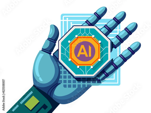 AI humanoid hand holding AI logo on microchip hologram on white background, Future cybernetic artificial intelligence technology concept, vector illustration