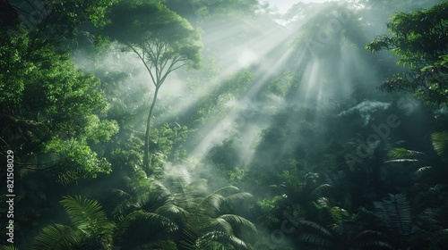 A misty morning in a dense forest  with sunbeams filtering through the trees creating a mystical atmosphere. 