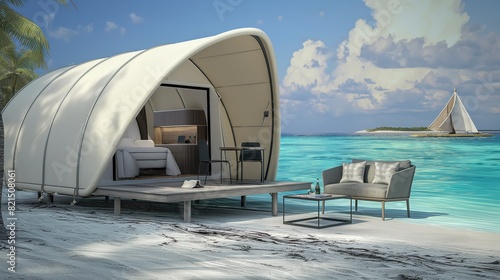 A modern and stylish glamping tent on a tropical beach, equipped with contemporary furniture and high-tech amenities, all facing a tranquil turquoise sea. 
