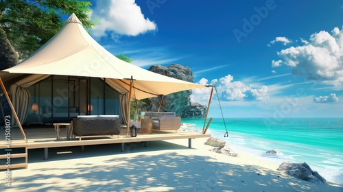 Glamping tent on a tropical beach, equipped with contemporary furniture and high-tech amenities, all facing a tranquil turquoise sea. 