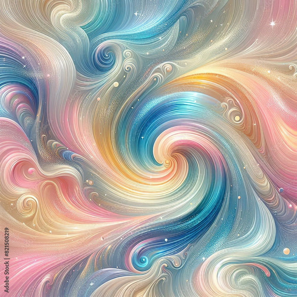 Fototapeta premium Abstract pastel swirls intertwine with holographic iridescent waves, forming a dreamy blend 