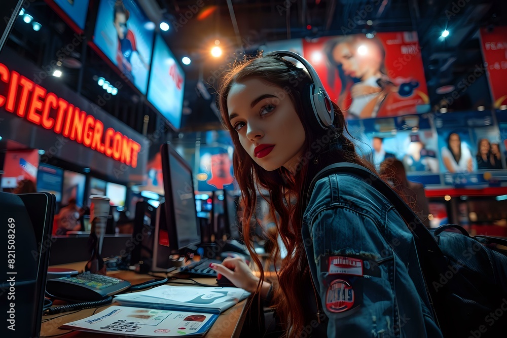 Fototapeta premium Ticketing Agent's Professional Workspace with Dynamic Industry Background