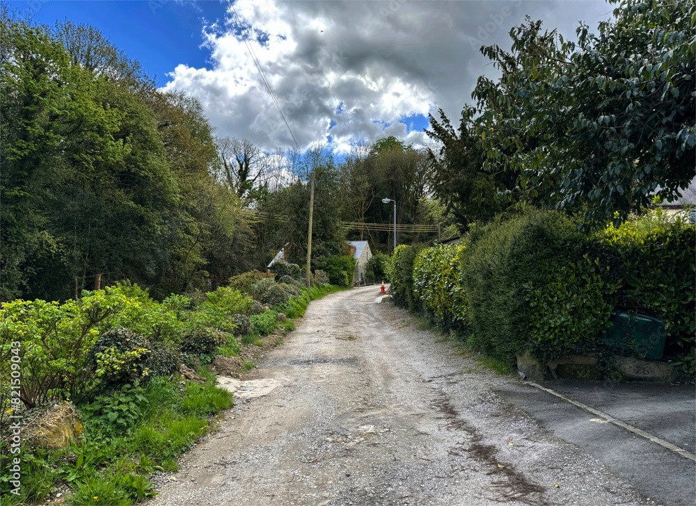 A country lane, bordered by verdant vegetation and hedgerows, reveals a glimpse of a dwelling nestled within the greenery near Lumb Clough Bridge in Sutton-in-Craven, UK. A country lane, bordered by verdant vegetation and hedgerows, reveals a glimpse of a dwelling nestled within the greenery near Lumb Clough Bridge in Sutton-in-Craven, UK.