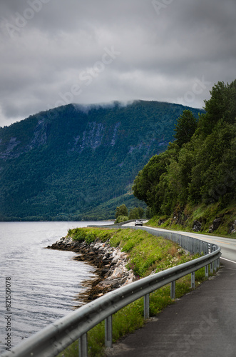 A solitary car journeys on Norwegian National Road Highway 70 beside Ålvundfjord, bordered by lush greenery and a mountain in the distance under a cloudy sky.